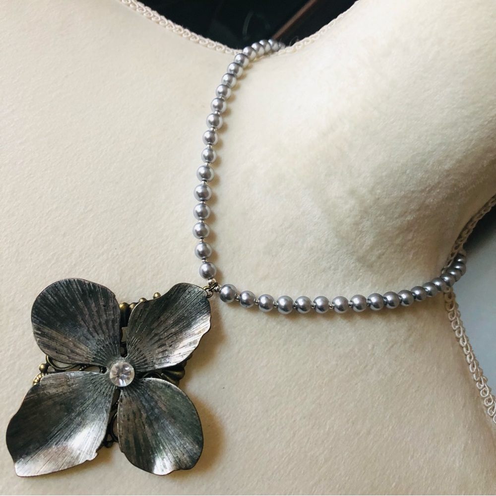 Handcrafted repurpose large silver floral pendant Czech glass Pearl necklace